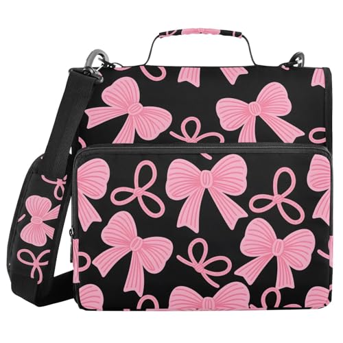 Image of Pink Bow Black Zipper Binder Bag 3 Ring Binder with Shoulder Strap Zip Up 500 Sheets Capacity Multi Pockets for School Office Supplies