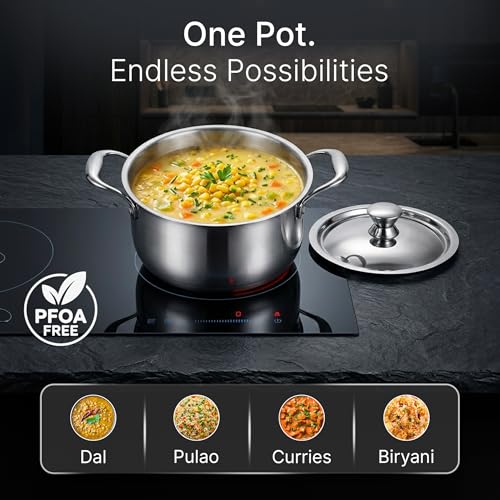 Image of AGARO Regency 20 cm Triply Stainless Steel Casserole with Lid, 3.2L, Induction & Gas Compatible, Even Heat, Non-Toxic, Dishwasher Safe cookware for Kitchen Perfect for biryani, pulao & Curry.