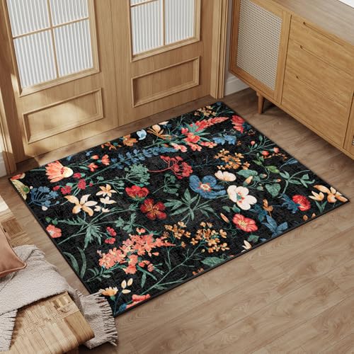 HUGEAR Schwarz Waschbarer Läufer Teppich Flur 60x180cm Blumenmuster Bettvorleger Blumen Boho Modern Küchen Wohnzimmer Schlafzimmer Teppiche rutschfest Kurzflor Weich Flurläufer Teppichläufer