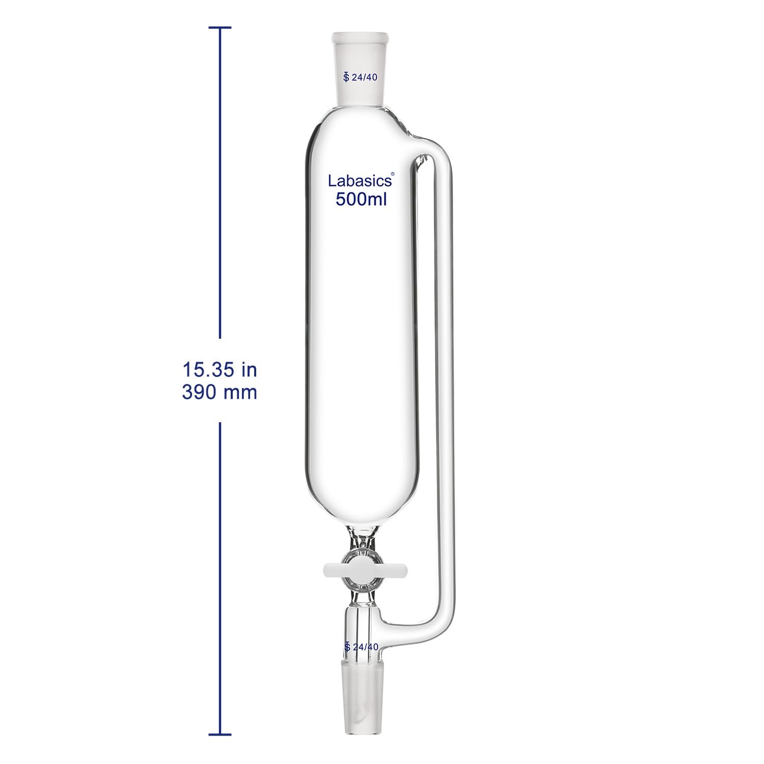 Labasics 500 ml Druckausgleich Zusatz Trichter, Borosilikatglas Tropftrichter 24/40 Gelenk mit PTFE-Hahn für Labor, 500 ml