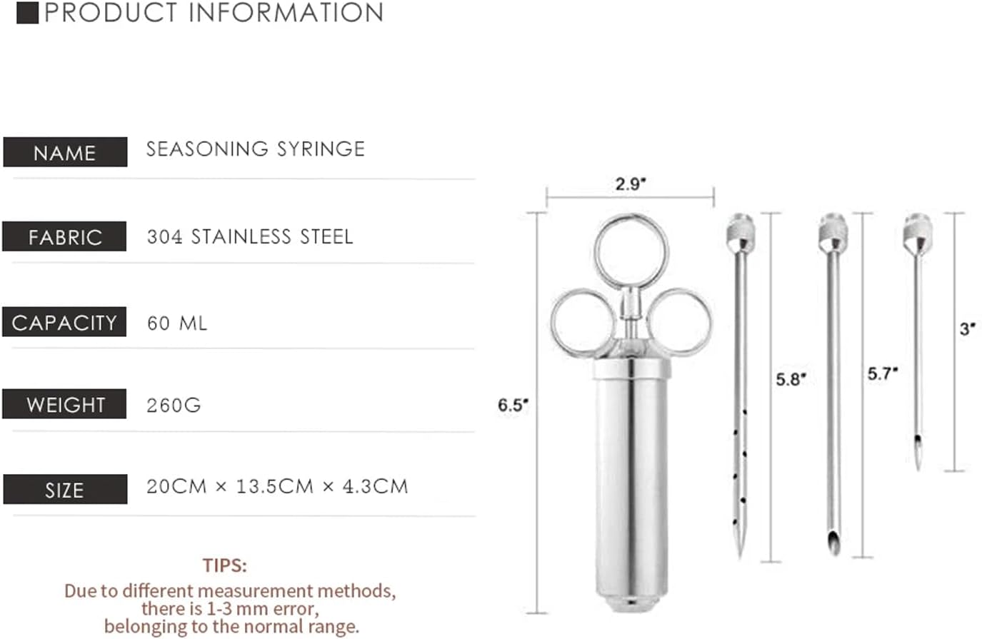 Seasoning Injector, 304 Stainless Steel, 60ml Capacity, 2oz Marinade Syringe with 3 Needles, Food Grade Meat Flavor Injector for Turkey, Chicken, Beef (A)