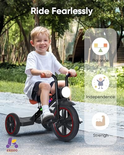 Image of KRIDDO Kids Tricycle, 12 Inch Puncture Free Wheel w Front Light, Adjustable Seat Height, Gift for 2-5 Year Olds, BlackLED