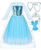 Jojoin Disfraz de Princesa Elsa, Vestido de Princesa, Disfraz Niña, Traje de Princesa con collar, bandas de pelo, varita, para Fiesta de Cosplay/Boda/Partido/Cumpleaño/Navidad/Halloween 110 Cm