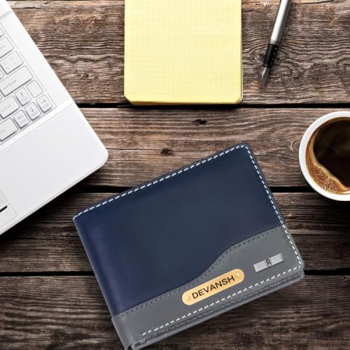 Image of HORNBULL Men's Personalized Wallet I Customized Slim Stylish Leather Purse with Name I Unique Birthday Gift for Men Boy Love Husband (Navy /Gry)
