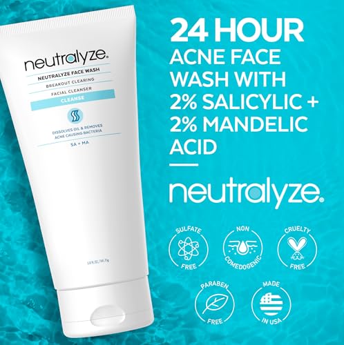 Acne Wash for Face with 2% Mandelic Acid & 2% Salicylic Acid - Professional Grade, A.H.A. + B.H.A. Facial Cleanser for Acne Prone Skin (90+ Day)