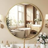 NEWBULIG 30 Inch Round Wall Mirror, Bathroom Mirror for Over Sink, Matte Metal Framed Circle Vanity Mirror, Wall Decor for Bedroom, Entryway, Anti-Rust, Tempered Glass, Hanging or Leaning, Gold