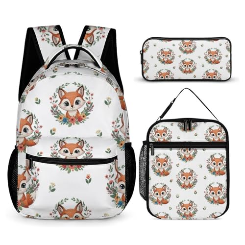Backpack with Lunch Box & Cosmetic Bag Set Fox Art (5) Bookbag Daypack Set Backpack with Lunch Bag Storage Bags