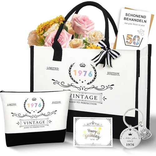 Zelixora 50.Geburtstag Geschenke für Frauen Canvas Einkaufstasche Vintage 1976 Canvas Tragetasche & Kosmetiktasche Set mit-50. Geburtstagskettel & grußkarten für Mama Freunde Kollegin Schwester (50)