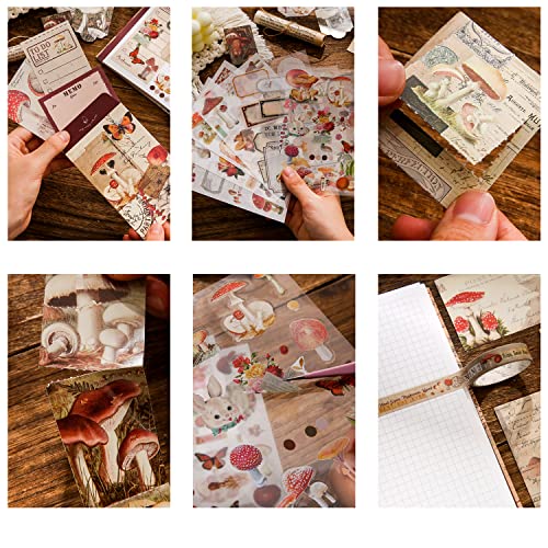 Image of emmoolife Scrapbooking Supplies Kit, Vintage Mushroom Aesthetic Scrapbook Kit for Bullet Junk Journal, Stationery, A6 Grid Notebook, DIY Journaling Supplies, Birthday Craft Gift for Teen Girl Women