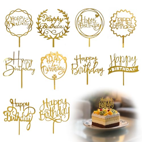 10 adornos para tartas de feliz cumpleaños, decoración acrílica dorada para tartas, celebración de cumpleaños, suministros de fiesta para niñas, niños, madre, padre, fiesta de cumpleaños, postres