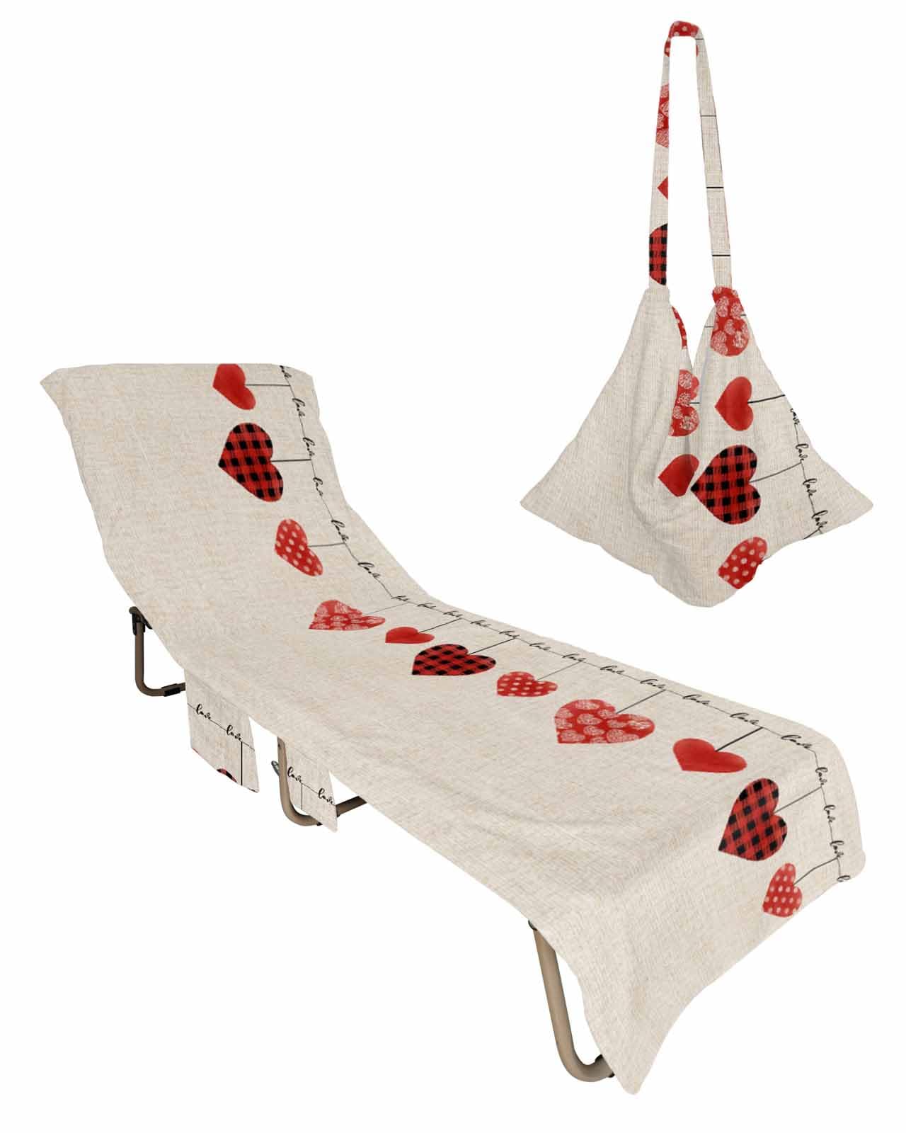 Watercolor Red Love Heart Beach Lounge Chair Towel Cover, Soft Chaise Lounge Towel with Side Pockets Patio Pool Chairs Cover for Beach/Pool Sunbathing 29x85 Valentine's Day Rustic