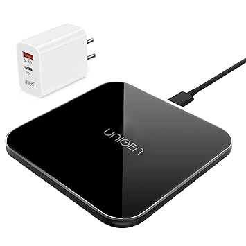 UNIGEN UNIPAD 150 Wireless Charger Pad [with Adapter] | 15W Type-C PD Support | Glass Top Metal Base | Compatible iPhone 13/13Pro/12/12 Pro/11/11 Pro Max/XS Max/XR/X/8, Galaxy S20/S10/S9/S8 (Space Grey)