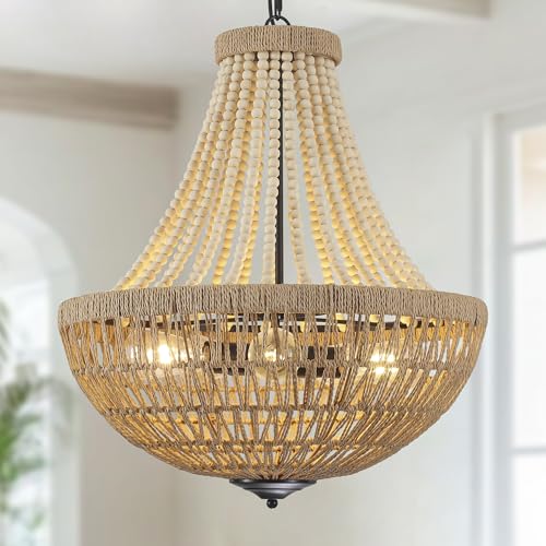 22" Wood Beaded Chandelier Boho Farmhouse Pendant Light Fixtures Bohemia Hand-Woven Rattan Chandeliers for Dining Room Kitchen Island Living Room 5 Light
