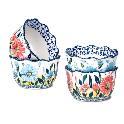KXZ Ceramic Ramekins Set of 4 13.5 oz Oven Safe Small Bowls for Baking and Serving Porcelain Souffle Cups Dessert Bowls for Creme Brulee Custard Dips & Snacks Hand-Painted Floral Ramekin Set