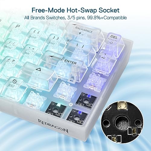 Image of Redragon K631 PRO 65% 3-Mode Wireless RGB Gaming Keyboard, 68 Keys Compact Full-Transparent Mechanical Keyboard w /Hot-Swap Free-Mod PCB Socket, Translucent Custom Switch - White