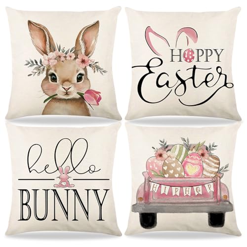 kaiwern 4 Pack Easter Spring Pillow Covers Decoration,18x18in Buffalo Plaid Farmhouse Rabbit Bunny Flower Easter Throw Pillows Cushion Case Couch Decor for Spring Home Outdoor Decor (White)