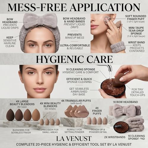 Image of 20pc Essential Makeup Sponge Kit Set - Soft-Touch Makeup Sponges for Cream & Liquid - Aesthetic Bow Spa Set & Wristbands - Under-Eye Precision Puffs & Blender Cleaner - Complete Beauty Organizer Kit for Girls & Women (Coffee Edition)