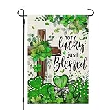 CROWNED BEAUTY St Patricks Day Garden Flag Shamrocks Clover Cross Blessed 12x18 Inch Double Sided Green Holiday Decoration for Outdoor Lawn Yard CF1931-12
