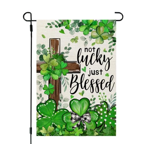 CROWNED BEAUTY St Patricks Day Garden Flag Shamrocks Clover Cross