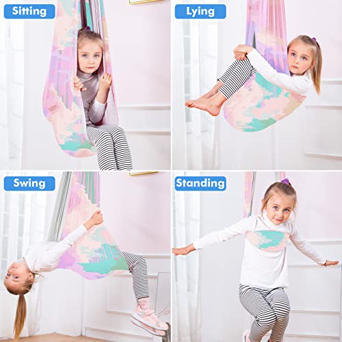 Therapy Swing Hammock Kids Cuddle Sensory Swing Indoor Therapeutic Hammock 360° Rotating Double Layer Elastic Rocking Cloth Swing Gifts for Children with ADHD SPD Asperger Autism (Rainbow+Grey) - Thumbnail 6
