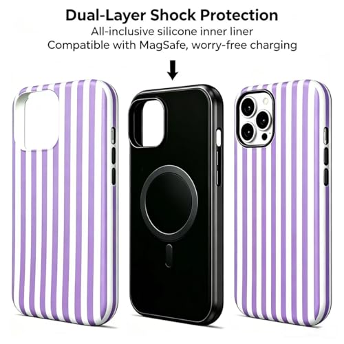 Image of for iPhone 16Pro Case Cute Phone Case,Compatible with MagSafe,Dual Layer Shockproof Protective Phone Cover,Hard Shell + Silicone Cover,Fashion Design for Women Girls,Striped Purple
