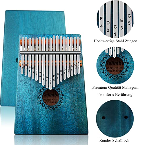 Image of Kalimba Thumb Piano 17 Keys with mahogany Wood Portable Mbira Finger Piano Gifts for Kids and piano Beginners Professional (Bright blue)