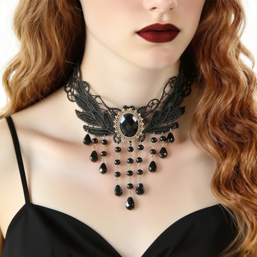 4PCS Gothic Halskette Set, Schwarz Spitze Choker Damen, Vintage Lolita Kostüm Zubehör, Gotisch Choker Halsband, Schwarz Spitze Kette, Gothic Schmuck für Halloween Karneval Maskerade Cosplay Fasching