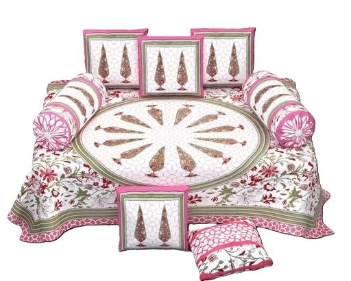 Salgia Cotton Single Diwan Set with 3 Cushion Covers Jaipuri Print Soft Comfortable Summer Bedding White-image-25