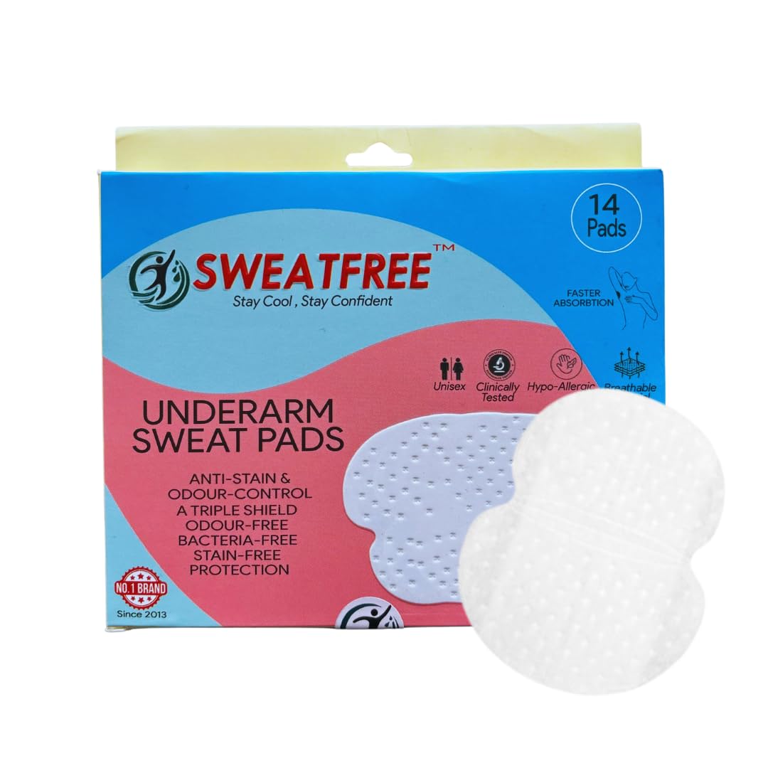 SWEATFREE Disposable Underarm Sweat Pads (14 Pads) | India's most trusted & reliable brand since 2013 | Unisex, Anti-Stain & Odour-Control | Ultra-Absorbent, Hypoallergenic, Breathable & Skin-Friendly | Sweat Protection for All-Day Freshness | Mild & soothing perfume | New age disposable box pack of 14 pads | Ideal for a week's usage |