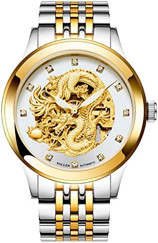 Men's Gold Watch,Stainless Steel Luxury Dragon Carved Dial Automatic Watch, Waterproof Wrist Watch SL-602 (Gold+Silver)
