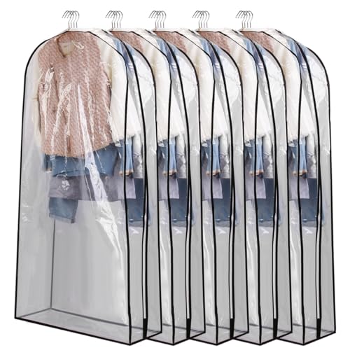 60 in. Garment Bag for Hanging Clothes Dustproof Waterproof Storage Bag Clear Transparent Suits Cover & Sweater Jacket Coat Dress Black - Large - Pack of 5 - Unisex