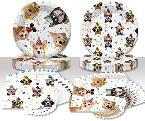KHAIVI Dog Party Decorations,20 Pcs Plates and 20 Pcs Napkins, Puppy Paw Print For Dog Birthday Party Tableware Favors,Severs 20