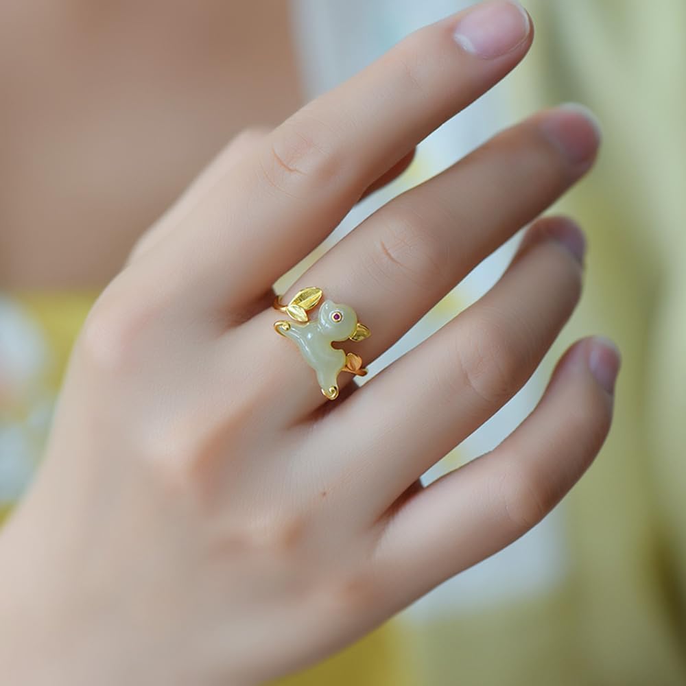 S925 Silver-Inlaid Natural White Jade Zodiac Rabbit Ring with Adjustable Opening and Including Certificate