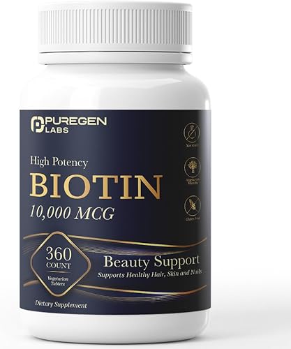 Puregen Labs Biotin 10,000 MCG apoya la salud del cabello, la piel y las uñas - Soporte de belleza de alta potencia - Sin OMG, sin gluten | 360