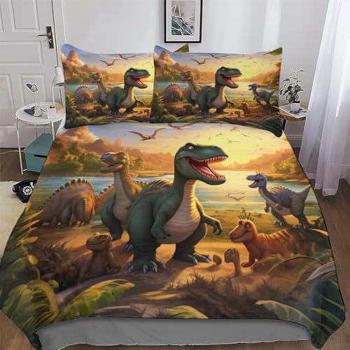 Ropa de cama con diseño de dinosaurios, 3D, funda nórdica para niños y niñas, 3 piezas, funda nórdica de microfibra transpirable con funda de almohada doble (200 x 200 cm)