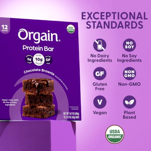 Image of Orgain Organic Vegan Protein Bars, Chocolate Brownie - 10g Plant Based Protein, Low Calorie Healthy Snacks, No Lactose or Soy Ingredients, Gluten Free, Non-GMO, 1.41 Oz (Pack of 72)