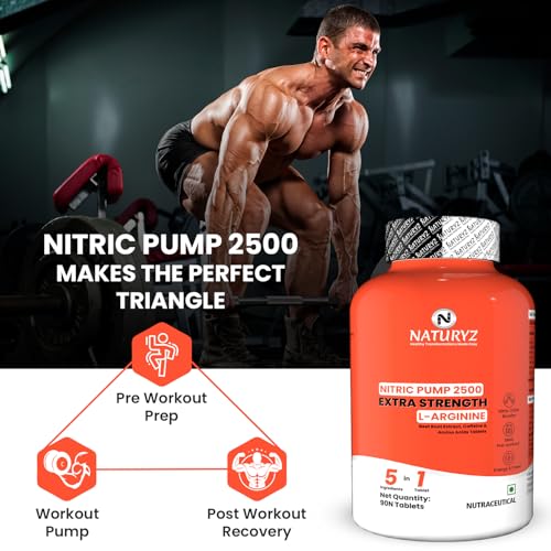 Image of NATURYZ Nitric Pump 2500 Mg Extra Strength L-Arginine | L Citrulline | Caffeine | Boosts Stamina | Energy | Increases Blood Flow | Improves Performance | Ideal Pre-workout Supplement for Men & Women - 90 Tablets