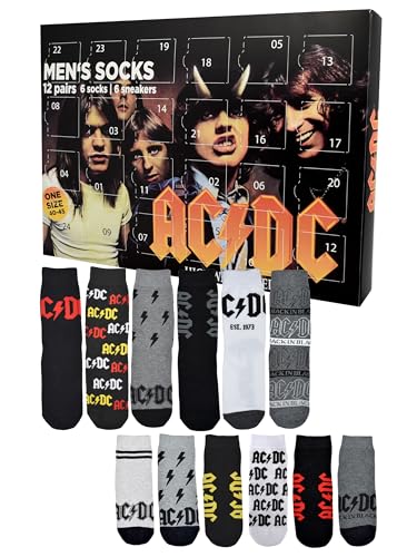 Calendario de Adviento AC/DC con 12 pares de calcetines, tamaño 40-45, para hombre, ACDC Rockband Calendario de Navidad con zapatillas y calcetines largos