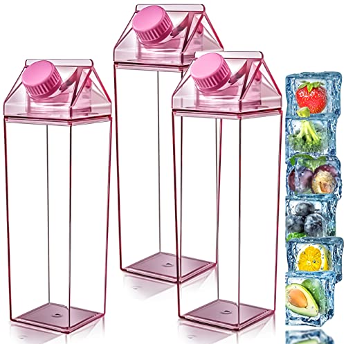 Image of Vmiapxo 3 Pack 17oz Clear Milk Carton Water Bottle, Portable Plastic Milk Carton Milk Jug Square Minimalistic Water Bottle (Pink)