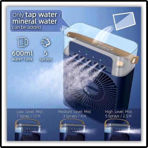 Image of Drumstone 𝟏𝟓 𝐘𝐞𝐚𝐫𝐬 𝐖𝐚𝐫𝐫𝐚𝐧𝐭𝐲 Portable Personal Air Cooler Fan & Mini AC | 3 Speeds, 7 LED Colors, USB Powered | Evaporative Humidifier with Timer | Desktop Cooling for Home, Bedroom