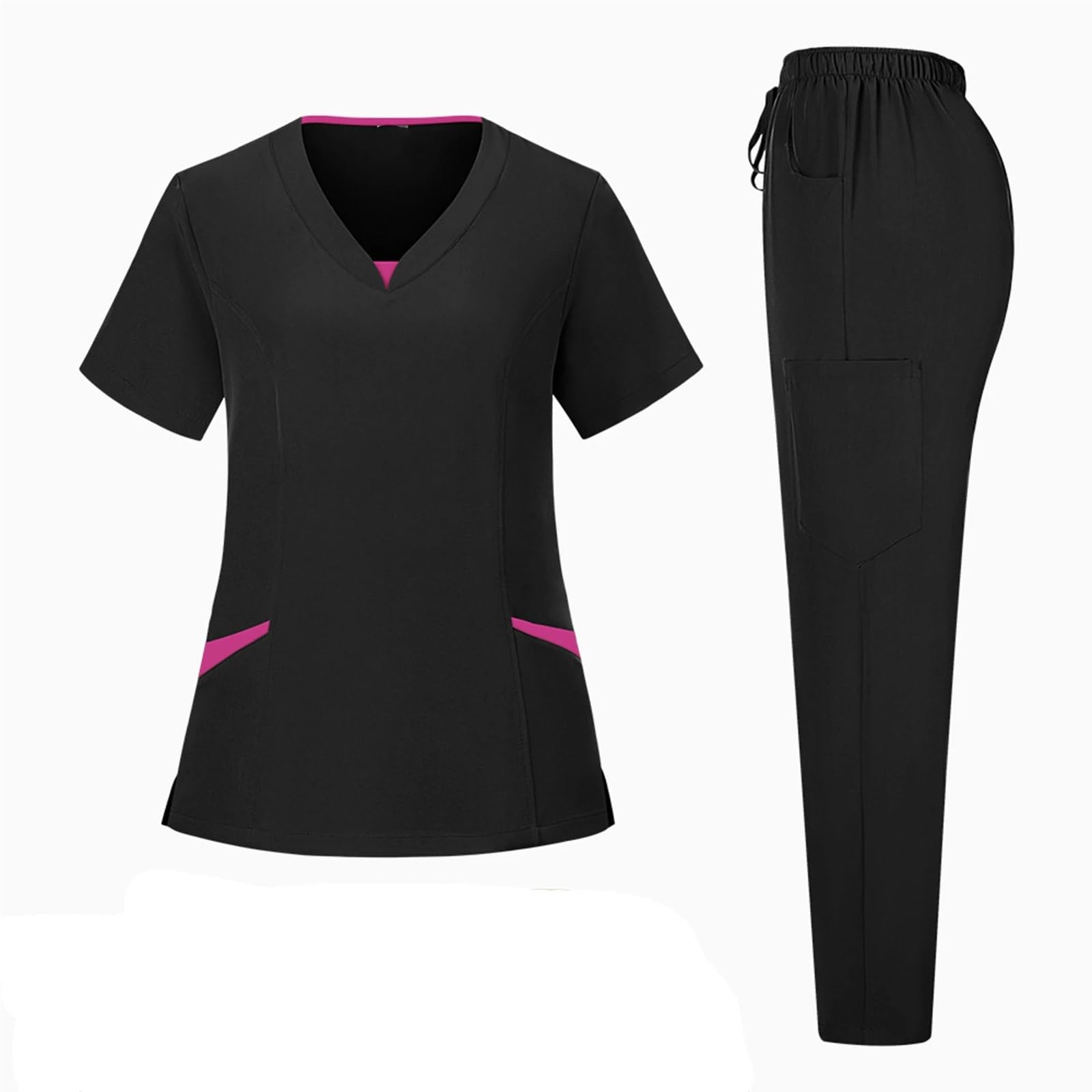 AHUFGN Nurse Scrubs Women Anti-Wrinkle Comfortable Nursing Uniforms Men Unisex Clinical Surgical Lab Scrubs Suit Top Pants(Black,XL)