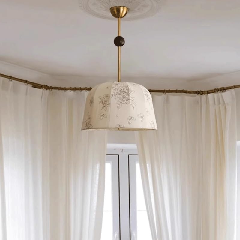 Fabric Art Printing Round Pendant Light French Retro Bedroom Hanging with E27/26 Base Three Color Dimmable Lamp for Living Room Dining Bedside Study image 2