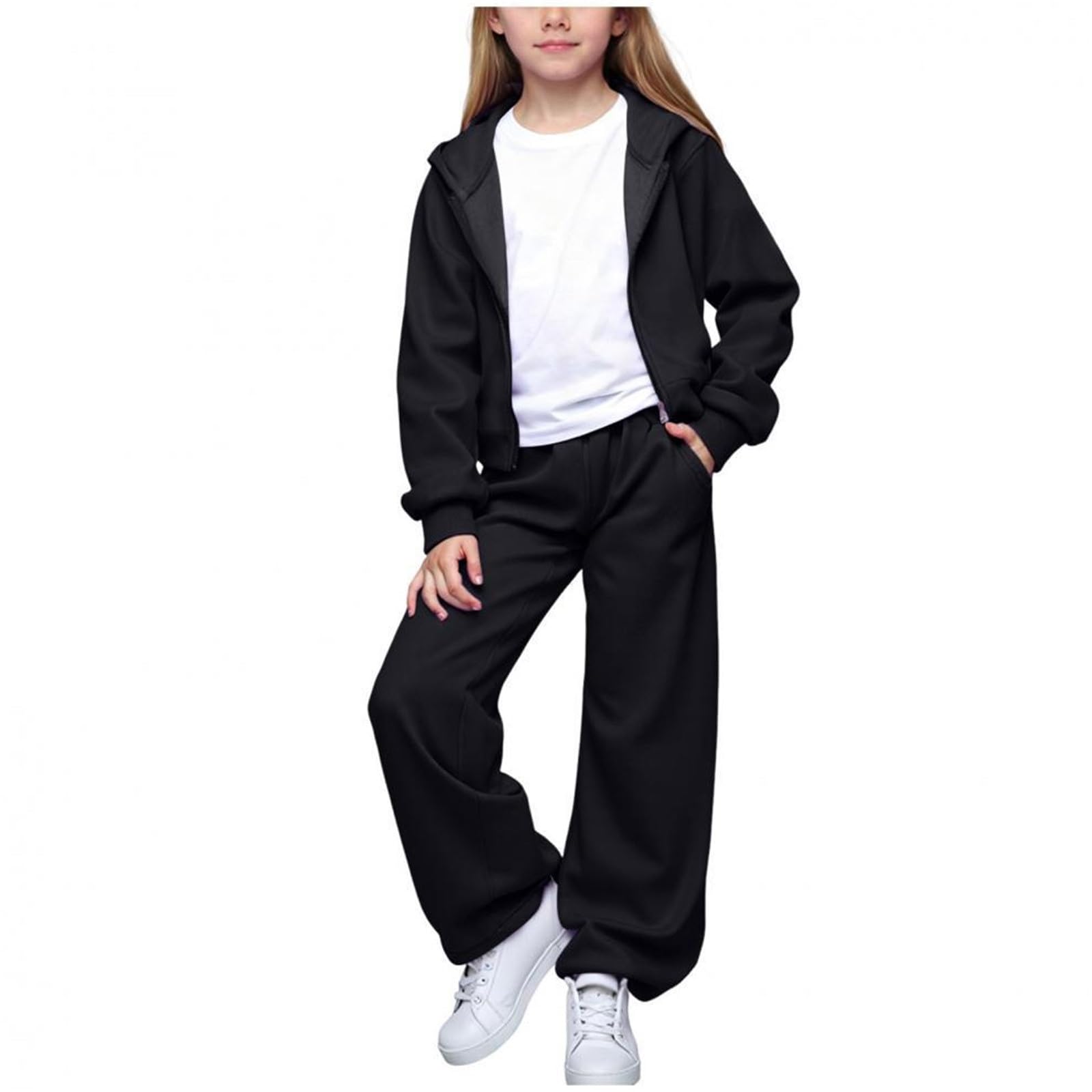 Tuta da ginnastica in pile con cappuccio da 2 pezzi per bambine, morbida e comoda, con maglia a maniche lunghe e pantaloni, per giocare e per un abbigliamento casual.