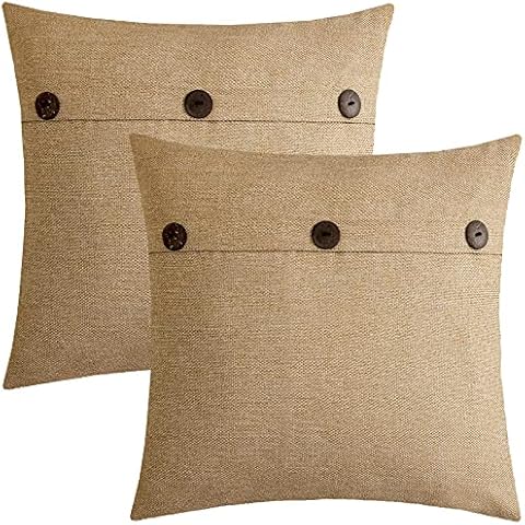 btfortune Set of 2 Decorative Natural Linen Throw Pillow Covers Pillowcase Triple Button Vintage Farmhouse Cushion Case for Couch Sofa Bed (20 X 20 Inch, Yellow) Cover