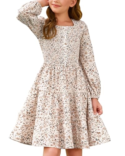 Girls Fall Dresses Long Sleeve White Square Neck Button Down Smock Floral Casual Holiday Dress Size 8-10