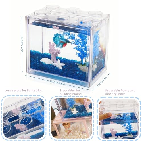 Image of Small Betta Fish Tank, Mini Fish Tank Aquarium Tank Kit with Blue Gravel & Resin Decorations, 0.6 Gallon Stackable Fish Bowl Tiny Desktop Aquarium for Sea Monkey Shrimp