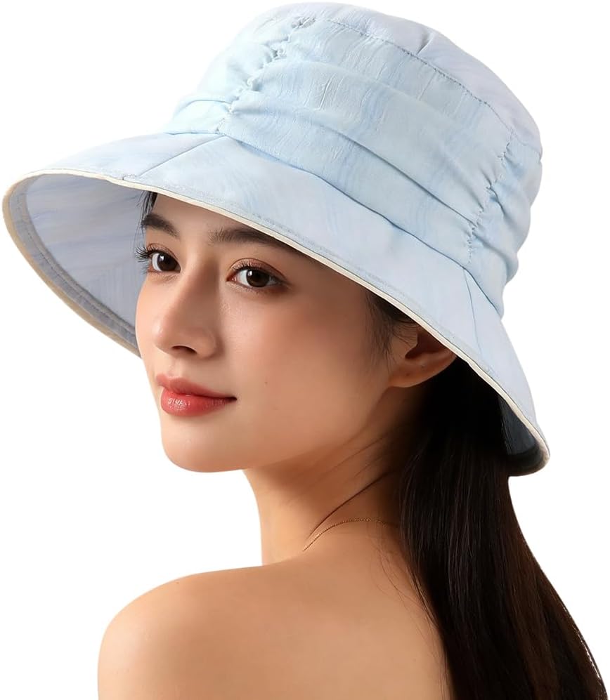 Stylish Ruched Striped Lined Bucket Hats Vintage Summer Sun Hat Chin Strap Women