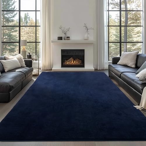 Image of Large Modern Area Rugs for Living Room Bedroom, 5x8 Feet Navy Blue Ultra Soft Thickened Memory-Foam Indoor Rug, Comfy Aesthetic Solid Minimalist Carpets for Girls Boys Nursery Dorm Home Decor