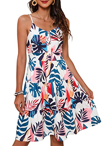 Image of YATHON Sundresses for Women Casual Summer Beach Sleeveless Spaghetti Strap Dress Button Down Ruffle Flowy Pleated Dresses