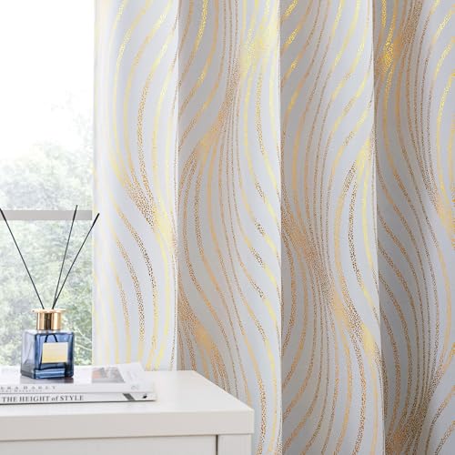 Xwincel 100% Blackout Curtains for Bedroom, White Gold Wave Line Dot Patterned Curtains 63 Inch Length, Metallic Gold Drapes Living Room Darkening Thermal Insulated Grommet Window Curtains 2 Panels - Image 7